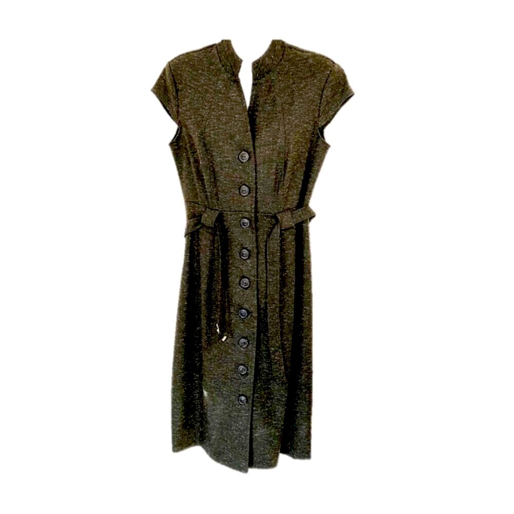 Full button front, cap-sleeve sheath dress, dark gray, Size 6